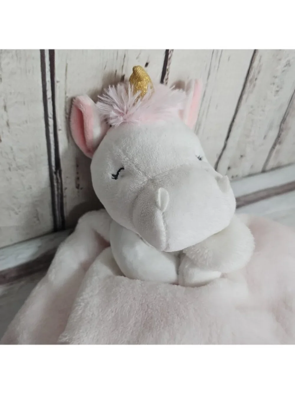 Carters White Unicorn Plush Pink Satin Trim Security Blanket Lovey Gold Horn